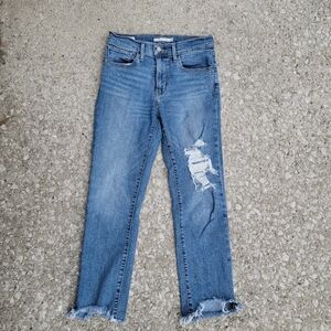 Levi's 724 High Rise Straight Crop Raw Hem Destruct Medium Wash 27